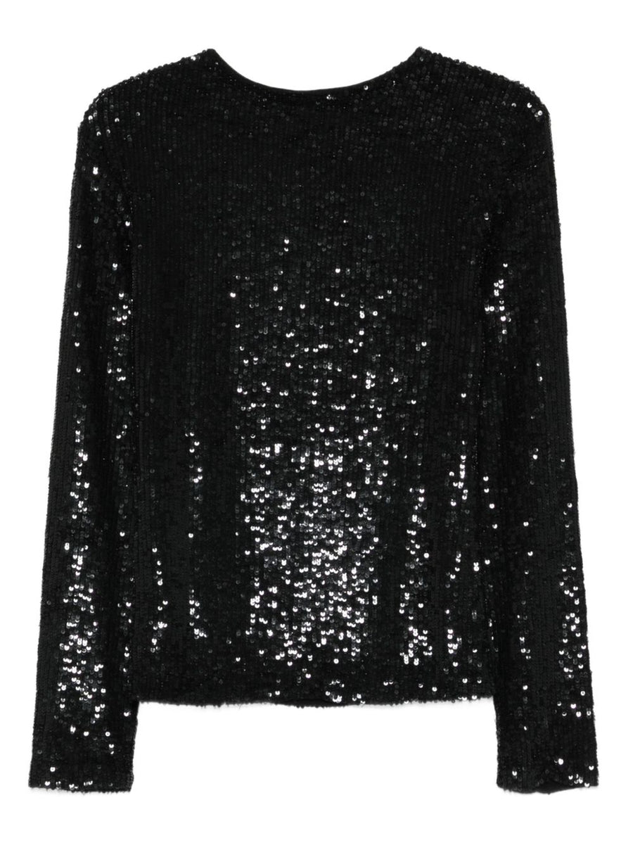 P.A.R.O.S.H. Sequined Top For Women Eveningwear With Black Sequin Embellishment Long Sleeves Round Neck Party Essential