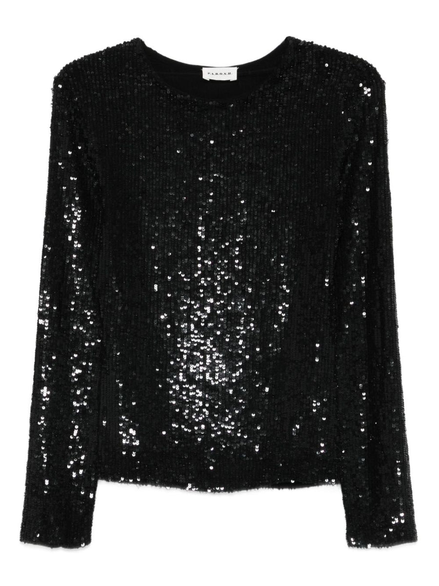 P.A.R.O.S.H. Sequined Top For Women Eveningwear With Black Sequin Embellishment Long Sleeves Round Neck Party Essential