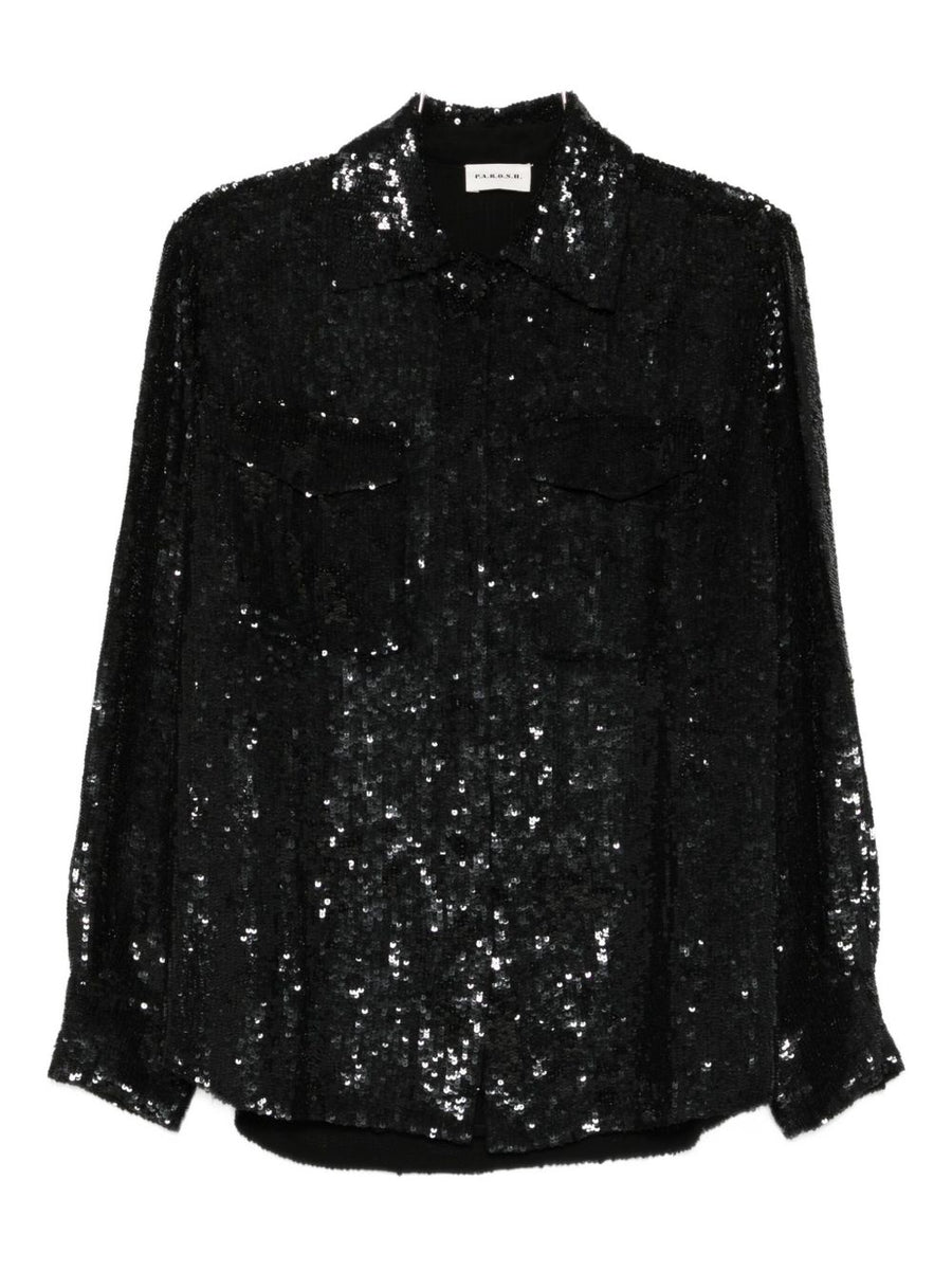 Sequined Shirt For Women By P.A.R.O.S.H. Luxe Black Viscose Top With Button Front For Evening Wear