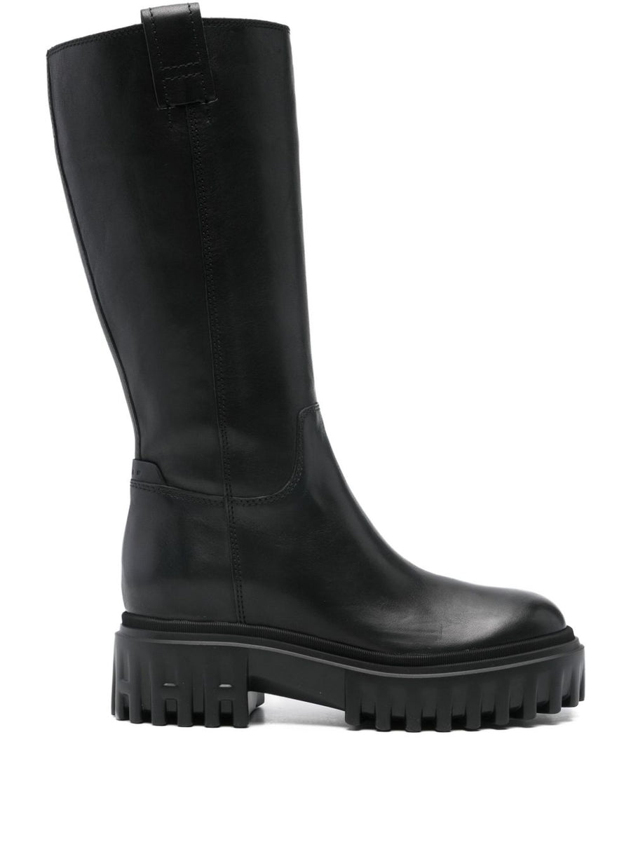 Hogan Pre H700 Leather Boots for Women Luxury Mid Calf Ankle Boots with Side Zip and Chunky Sole Winter Ready