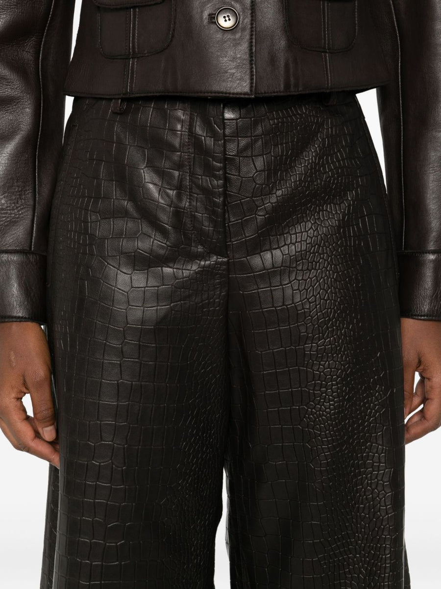 Enes Leather Trousers For Women High Waist Wide Leg Crocodile Finish Luxurious Texture