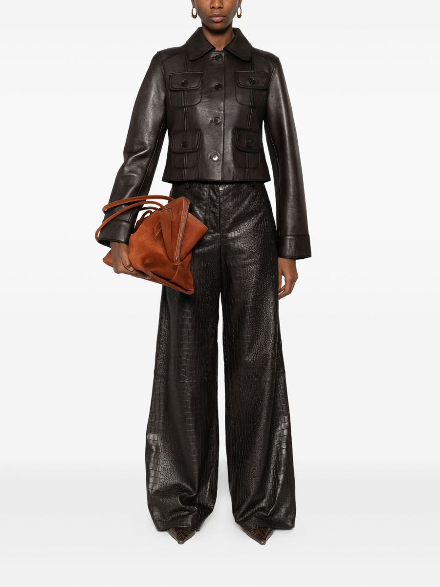 Enes Leather Trousers For Women High Waist Wide Leg Crocodile Finish Luxurious Texture