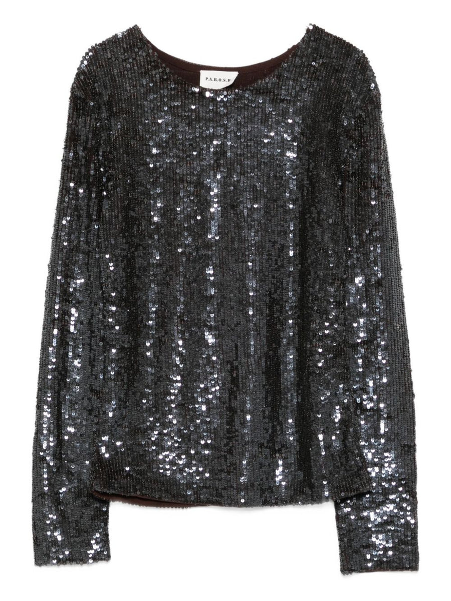 P.A.R.O.S.H. Sequined Top For Women Luxurious Festive Shine With Silver Sequins For Evening Parties