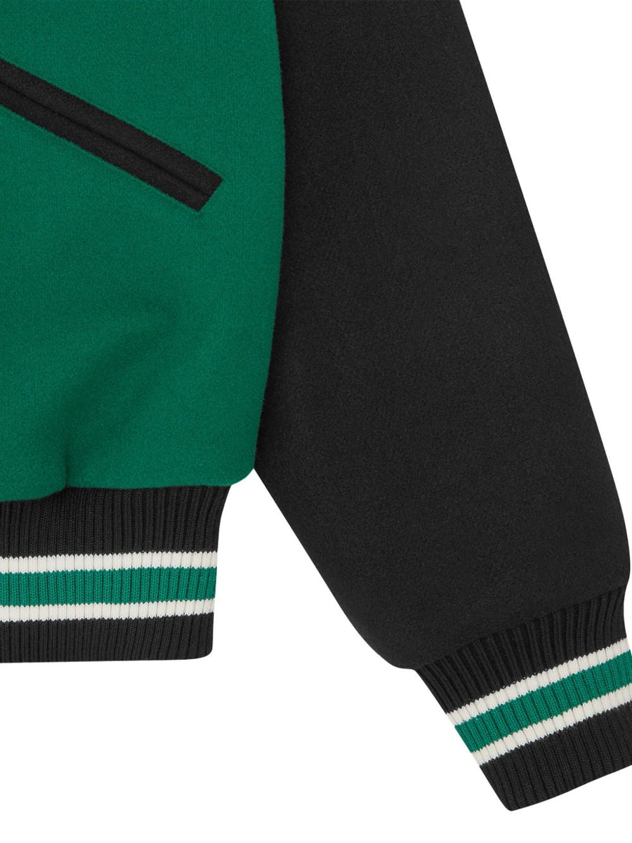 Icecream Varsity Jacket For Men Green Body With Black Sleeves Bold Contrasting Stripe
