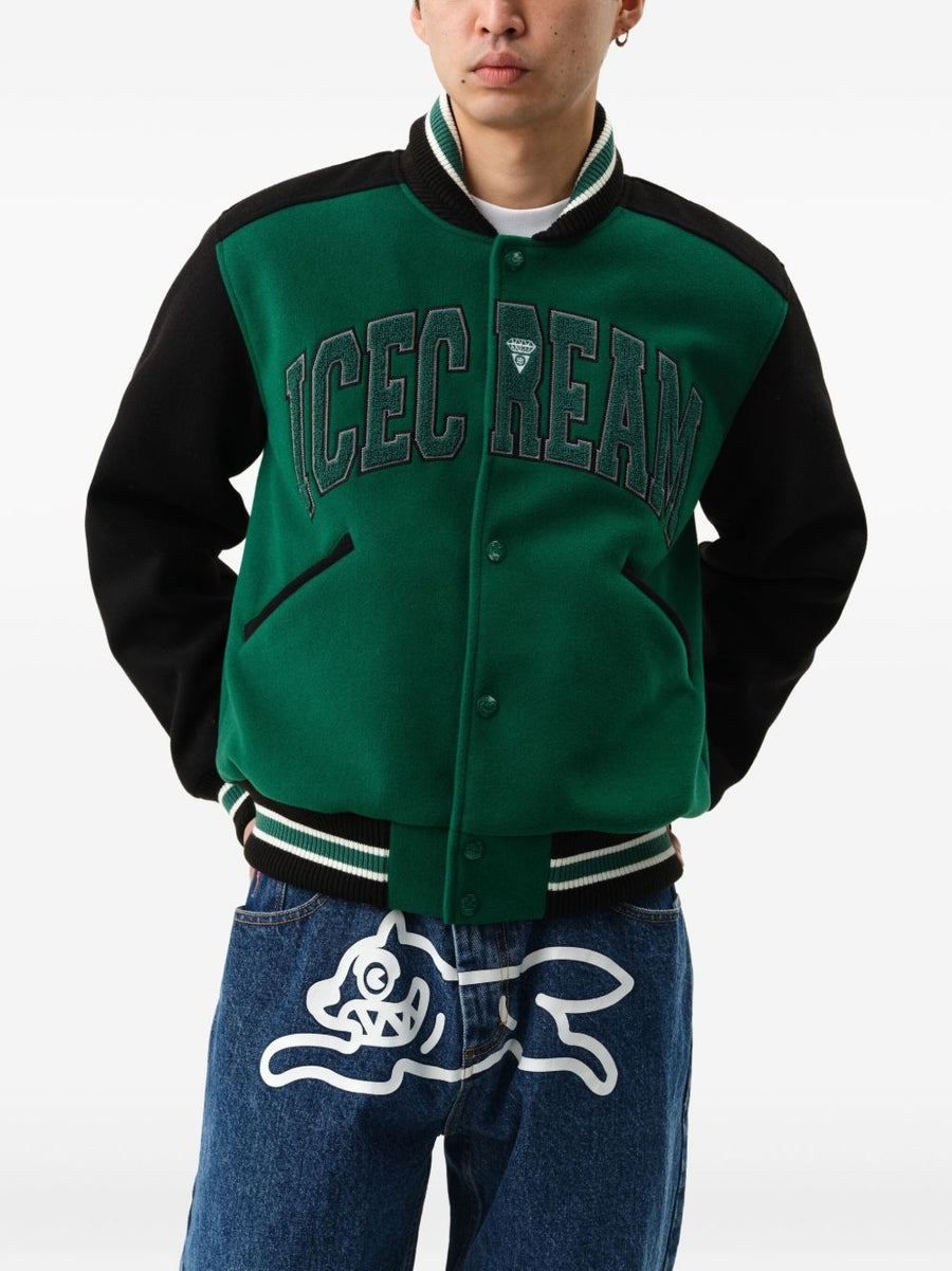 Icecream Varsity Jacket For Men Green Body With Black Sleeves Bold Contrasting Stripe