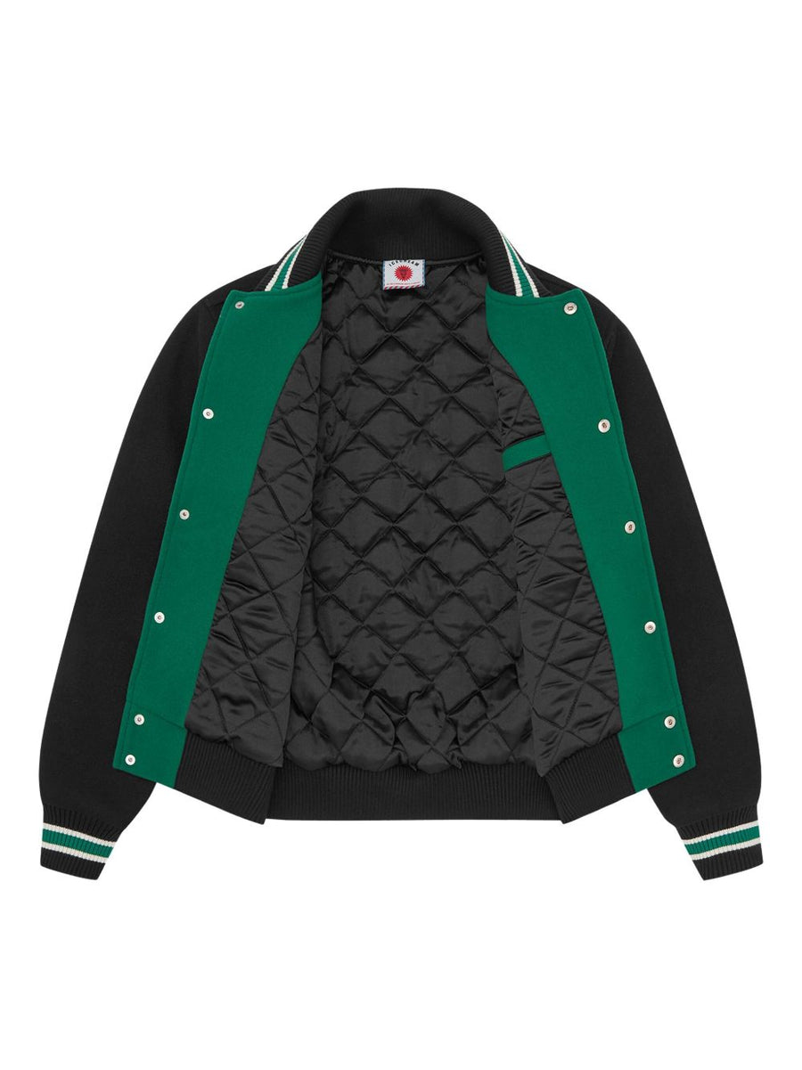 Icecream Varsity Jacket For Men Green Body With Black Sleeves Bold Contrasting Stripe