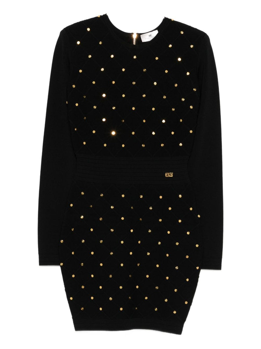 Elisabetta Franchi Luxurious Knitted Mini Dress With Gold Embellishments For Women Quilted Texture Long Sleeves
