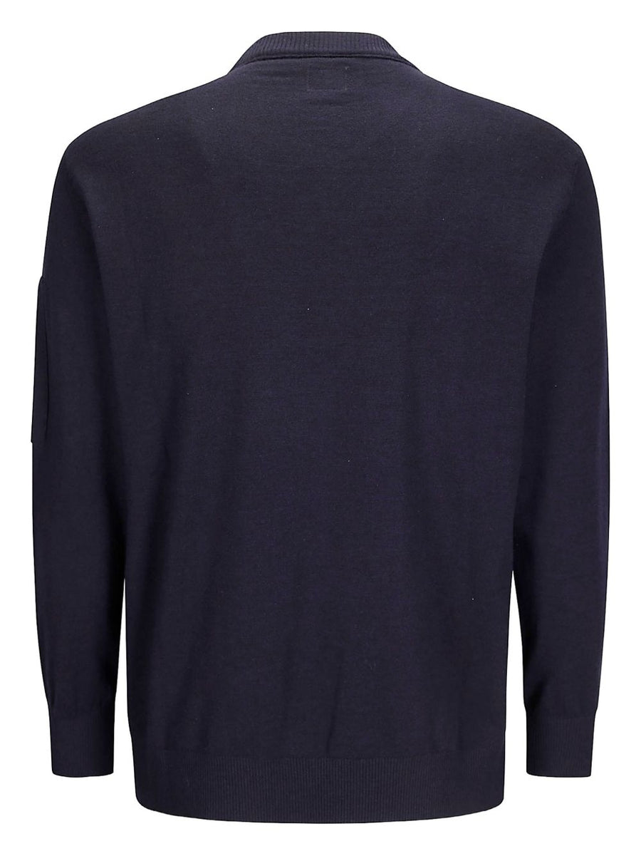 CP Company Logo Crewneck Sweater For Men In Dark Blue Cotton With Lens Detail And Sleeve Pocket