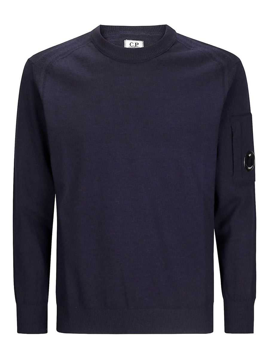 CP Company Logo Crewneck Sweater For Men In Dark Blue Cotton With Lens Detail And Sleeve Pocket