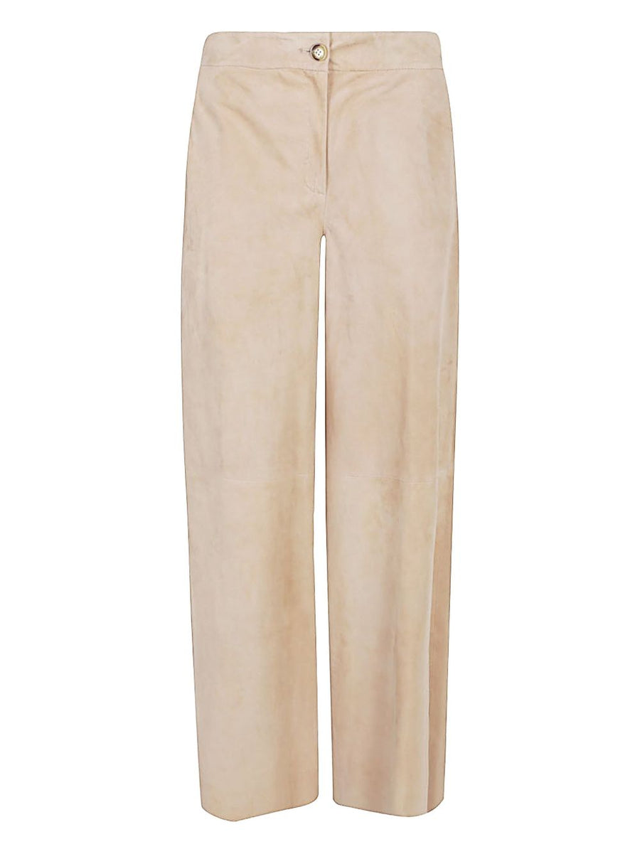 Via Masini 80 Suede Leather Trousers For Women With Straight Leg Beige Zip And Button Closure