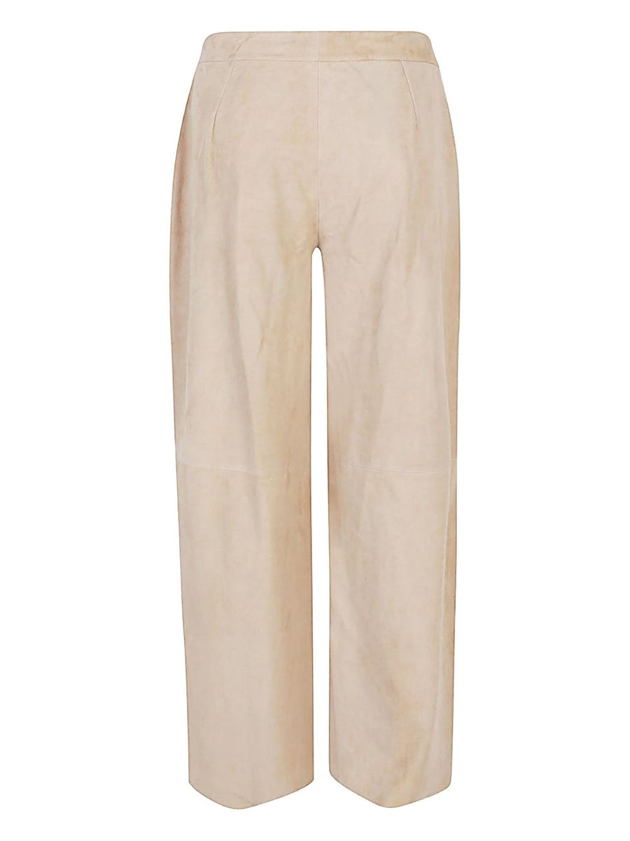Via Masini 80 Suede Leather Trousers For Women With Straight Leg Beige Zip And Button Closure