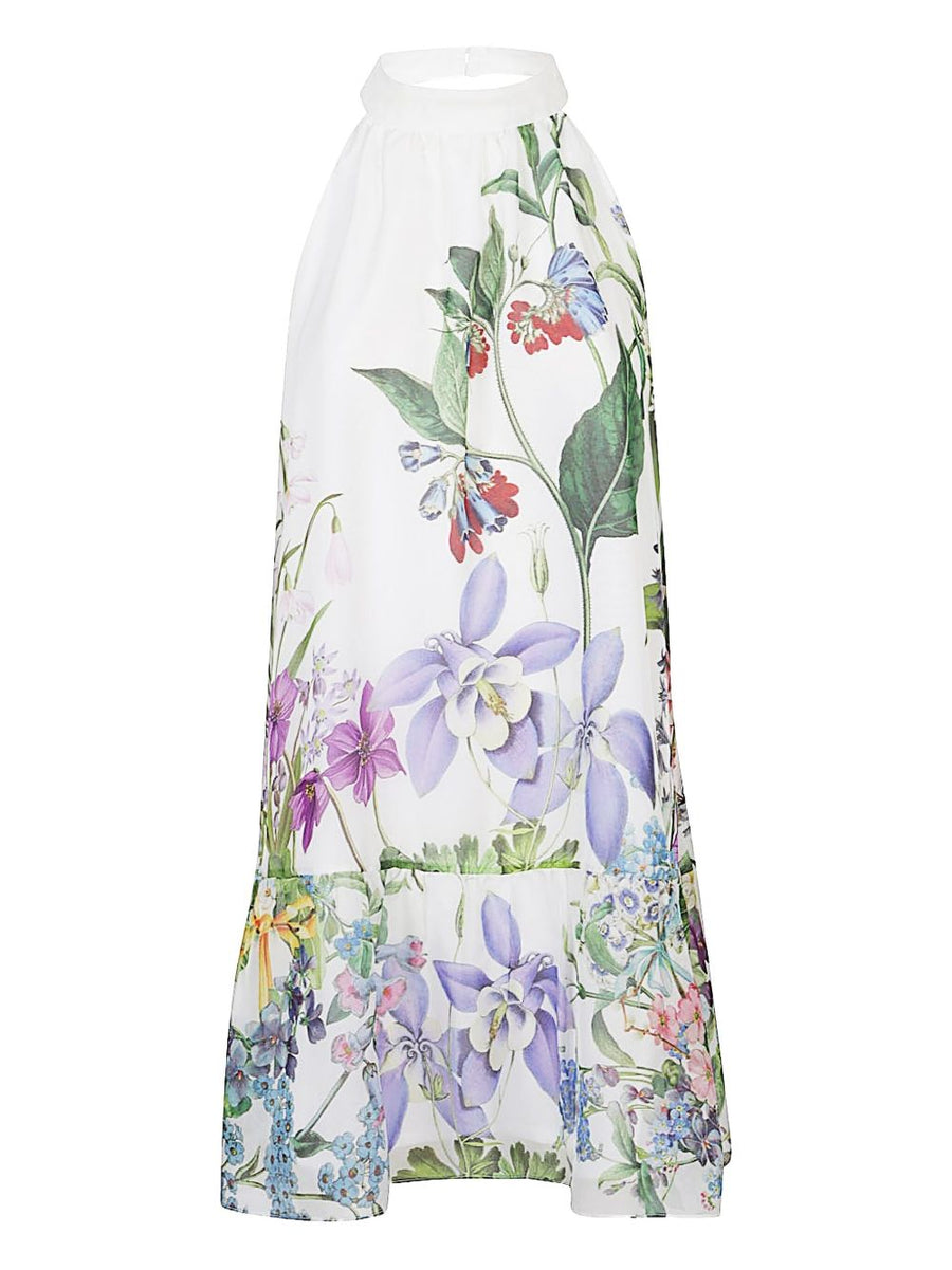 St Piece Of London Bonnie Printed Silk Dress For Women High Neck Floral Resort Wear White