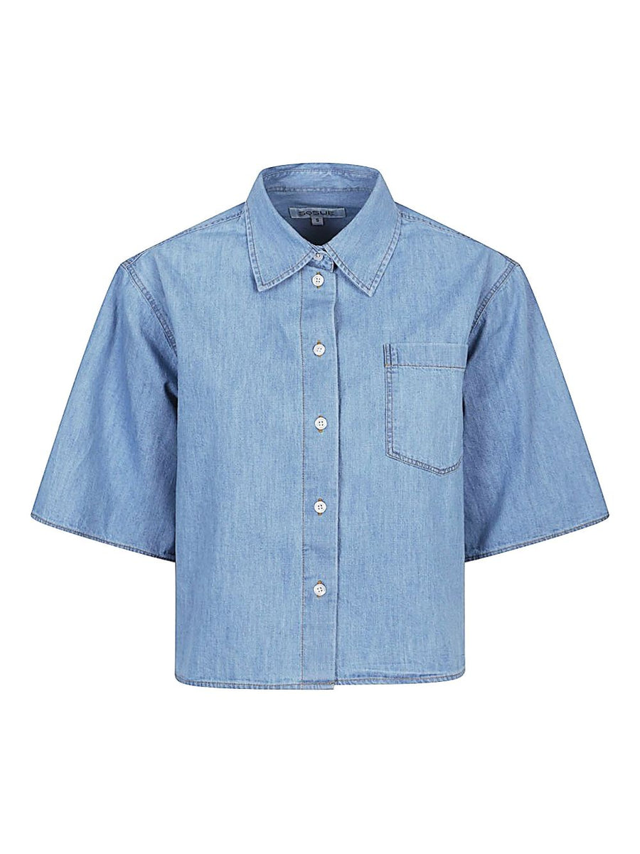 Sosue Denim Cotton Shirt For Women With Oversized Straight Cut Chest Pocket Short Sleeves Clear Blue