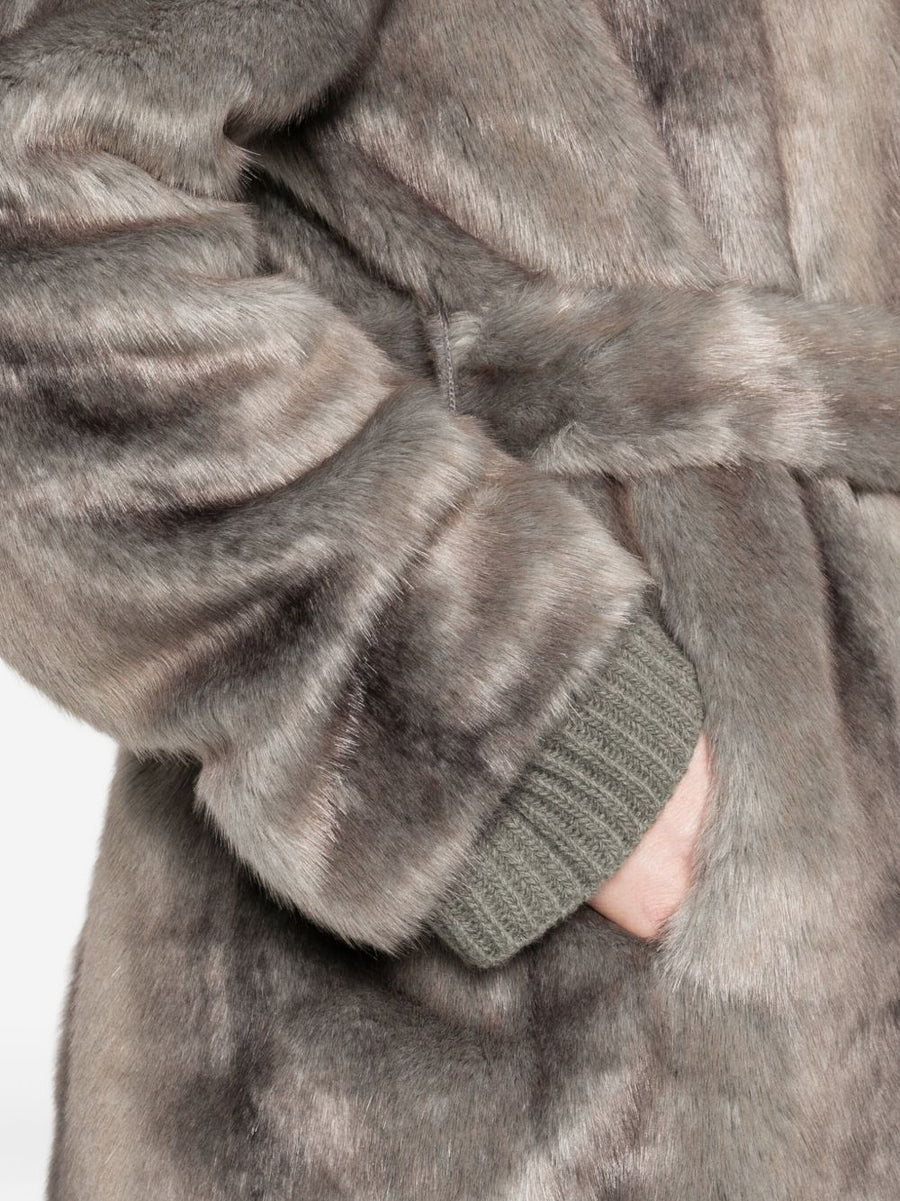 Faux Fur Coat For Women THELAURENT Belted Waist Notched Lapel Grey Luxury Timeless Versatile Winter Wardrobe