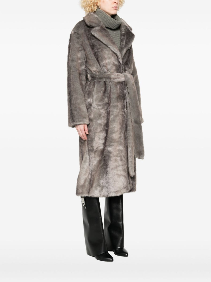 Faux Fur Coat For Women THELAURENT Belted Waist Notched Lapel Grey Luxury Timeless Versatile Winter Wardrobe