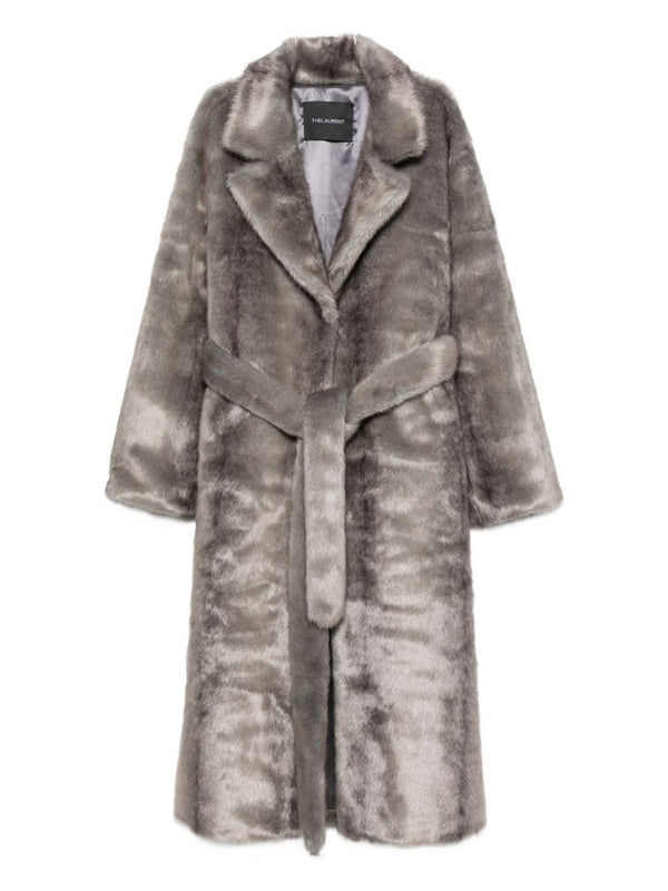 Faux Fur Coat For Women THELAURENT Belted Waist Notched Lapel Grey Luxury Timeless Versatile Winter Wardrobe