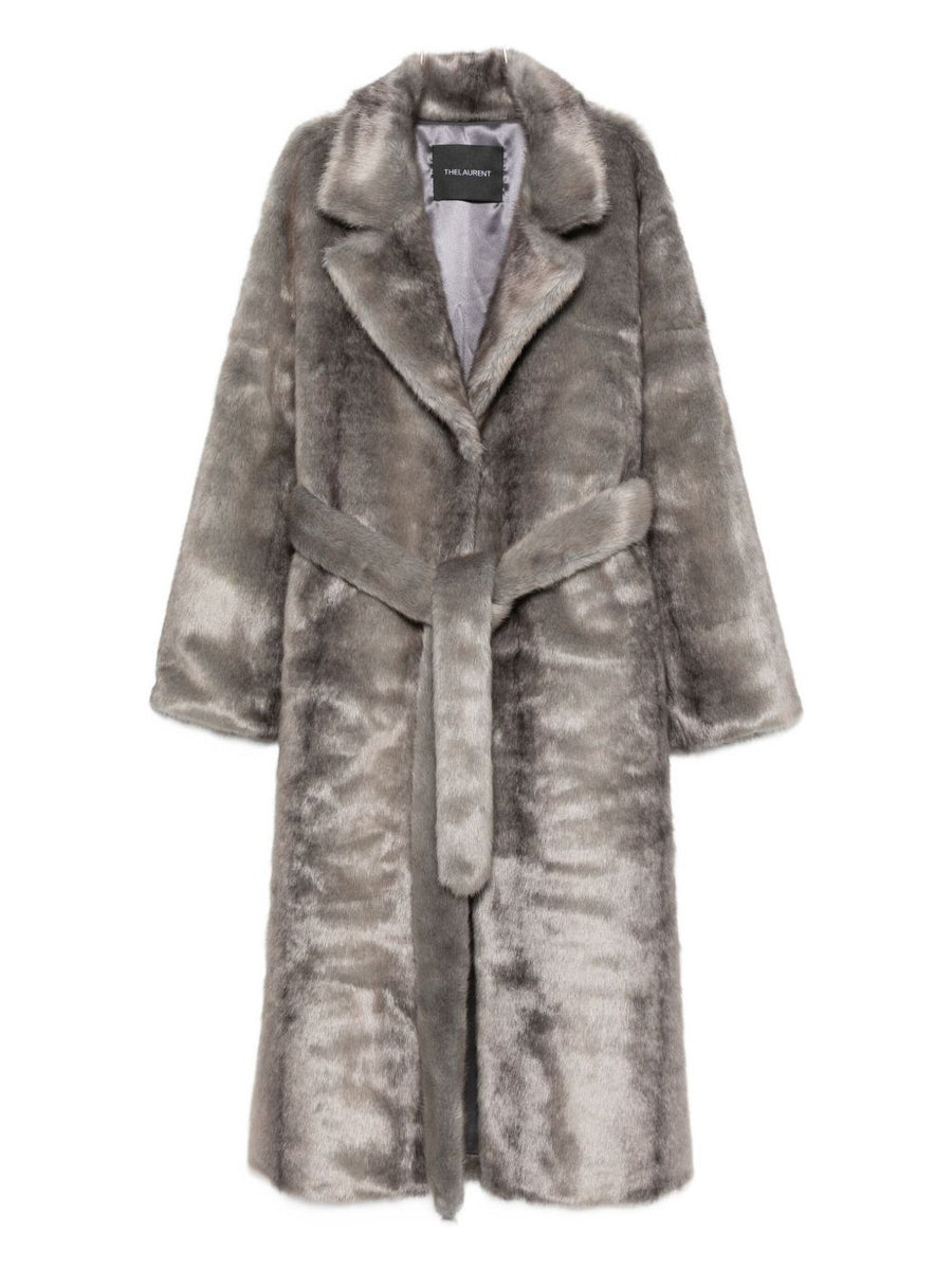 Faux Fur Coat For Women THELAURENT Belted Waist Notched Lapel Grey Luxury Timeless Versatile Winter Wardrobe