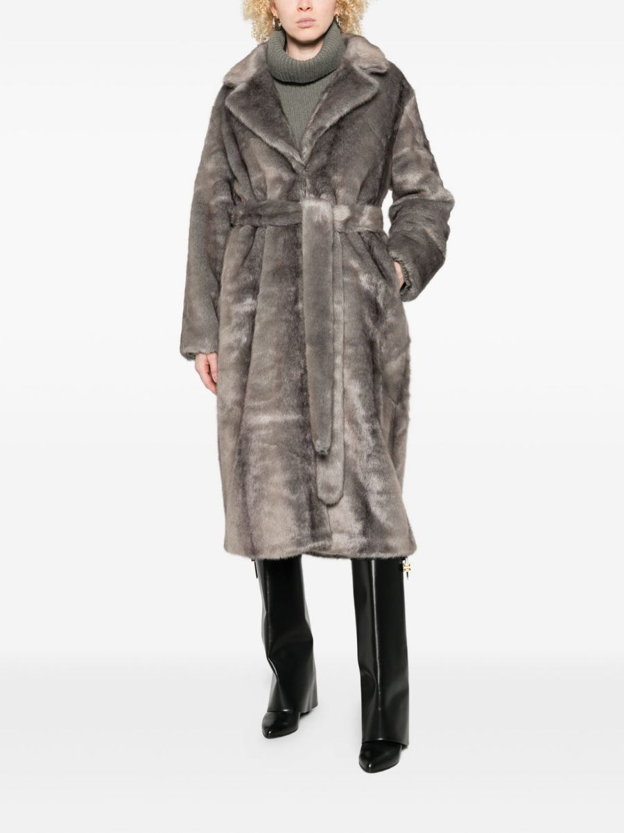 Faux Fur Coat For Women THELAURENT Belted Waist Notched Lapel Grey Luxury Timeless Versatile Winter Wardrobe