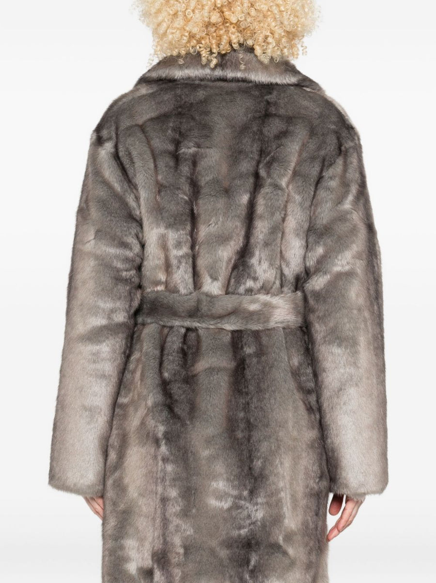 Faux Fur Coat For Women THELAURENT Belted Waist Notched Lapel Grey Luxury Timeless Versatile Winter Wardrobe