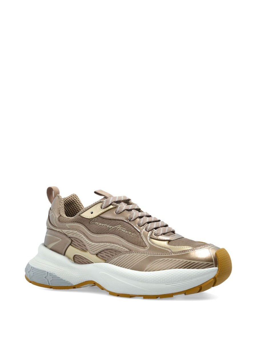 Emporio Armani Exclusive Mesh Sneakers For Women With Laminated Gold Tone Details And Signature Logo Luxury