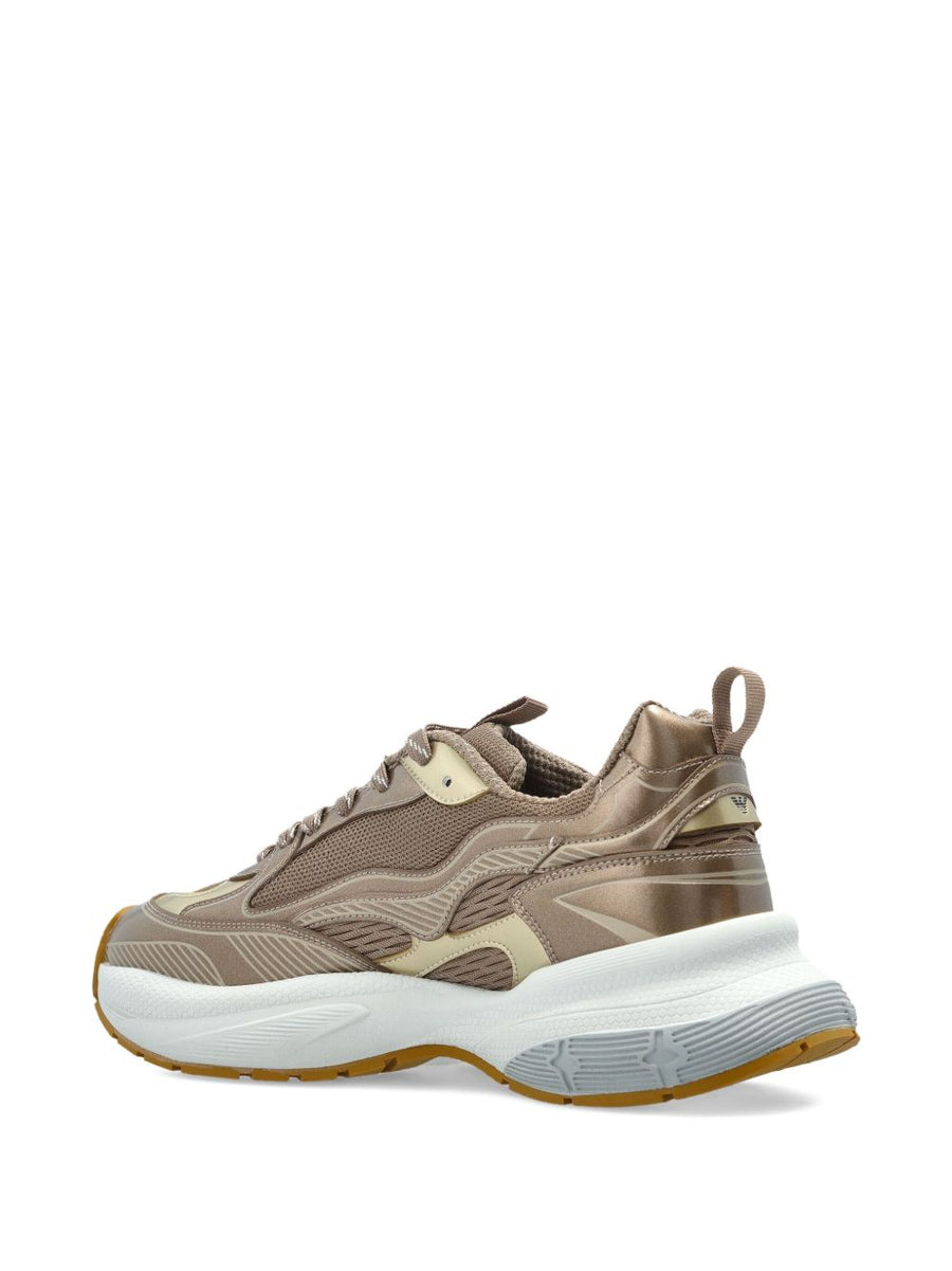 Emporio Armani Exclusive Mesh Sneakers For Women With Laminated Gold Tone Details And Signature Logo Luxury
