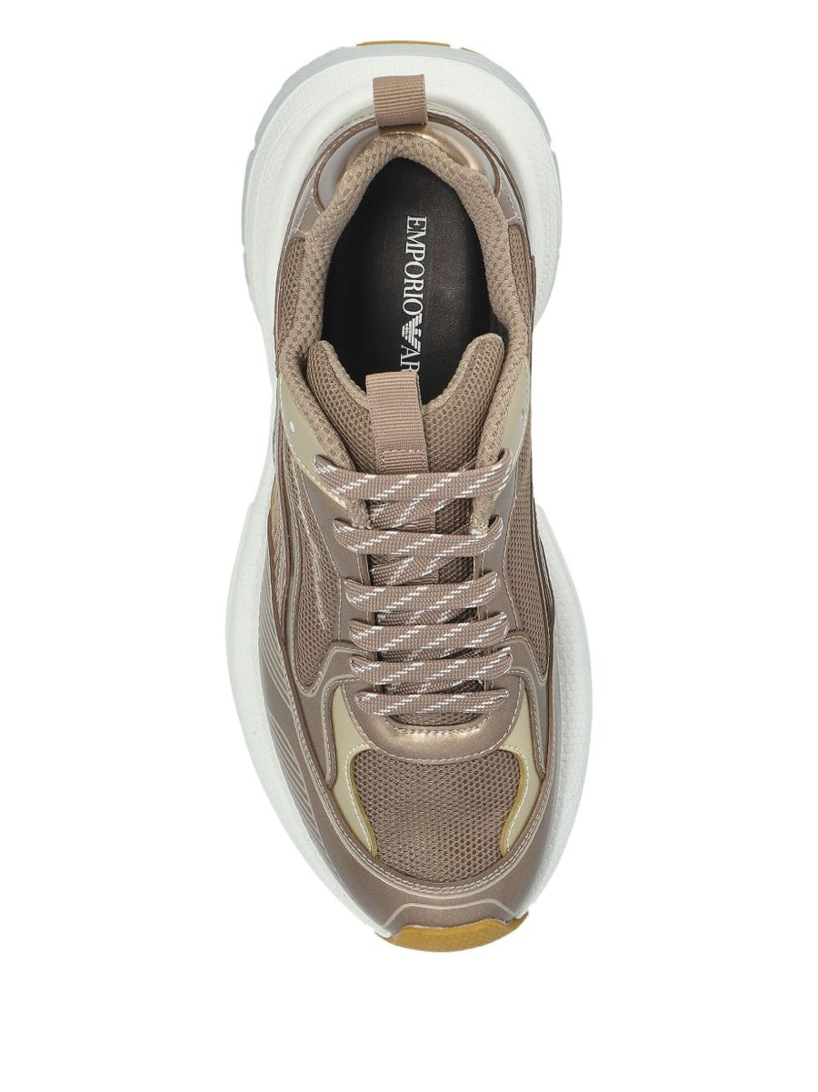 Emporio Armani Exclusive Mesh Sneakers For Women With Laminated Gold Tone Details And Signature Logo Luxury