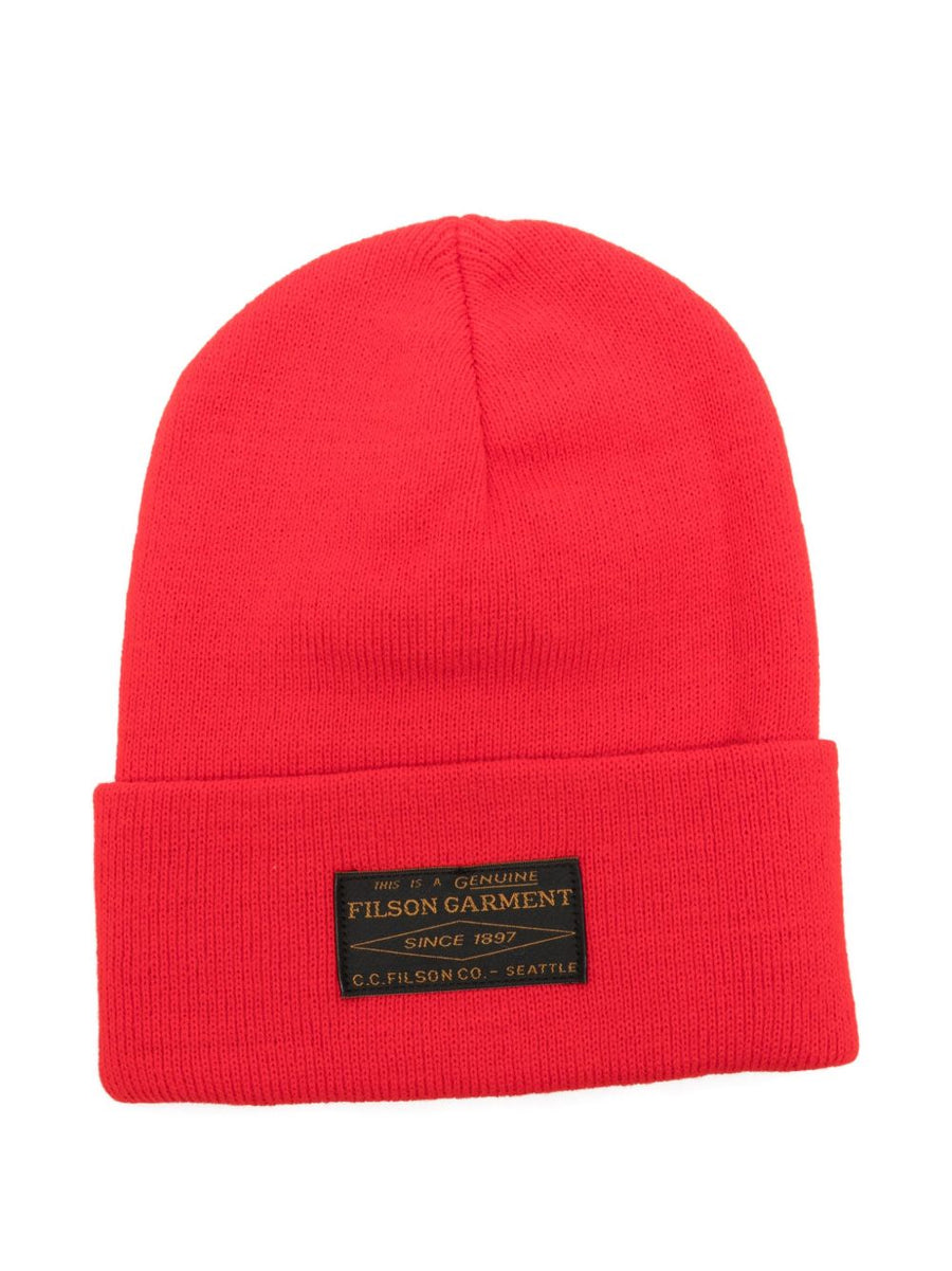 Filson Ballard Watch Cap For Men Red Ribbed Knit With Cuffed Brim Logo Patch Premium Warmth
