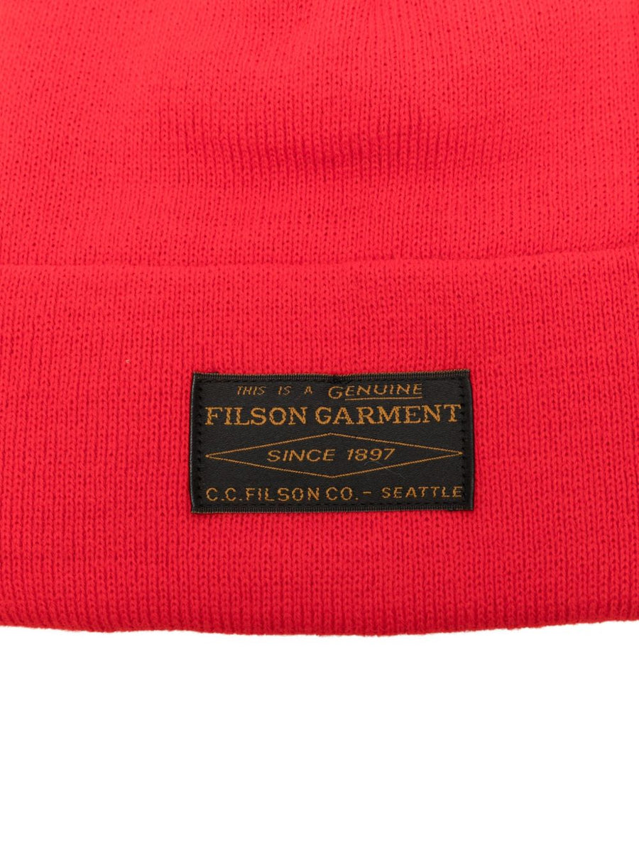 Filson Ballard Watch Cap For Men Red Ribbed Knit With Cuffed Brim Logo Patch Premium Warmth