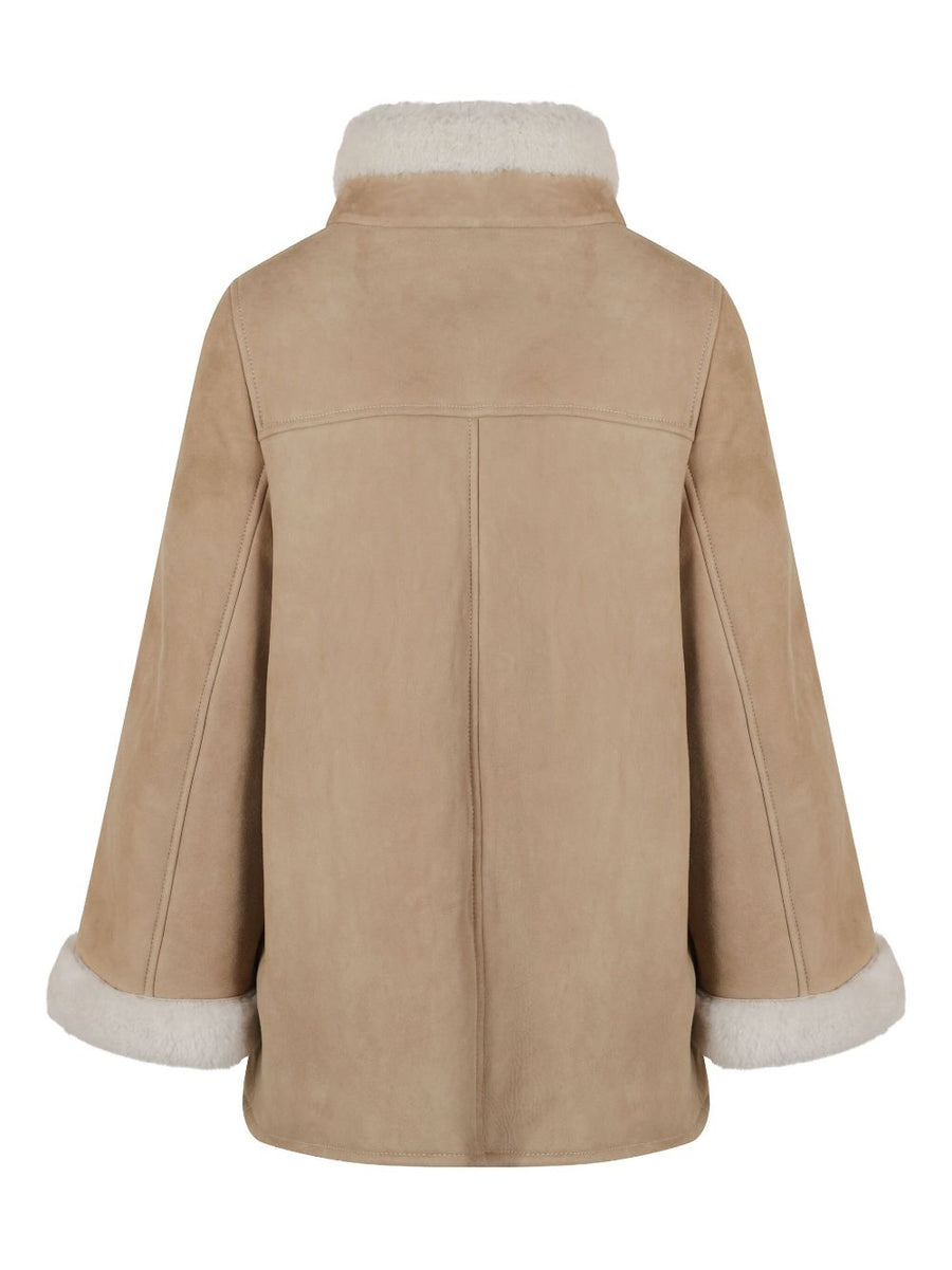 Fay Grey Shearling Cape For Women Luxury Warmth Panelled Refined Silhouette Hook Closure