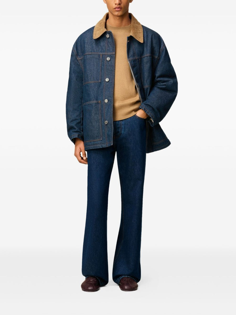 Ami Paris Worker Denim Jacket For Men Navy Body With Corduroy Collar Versatile Everyday Workwear