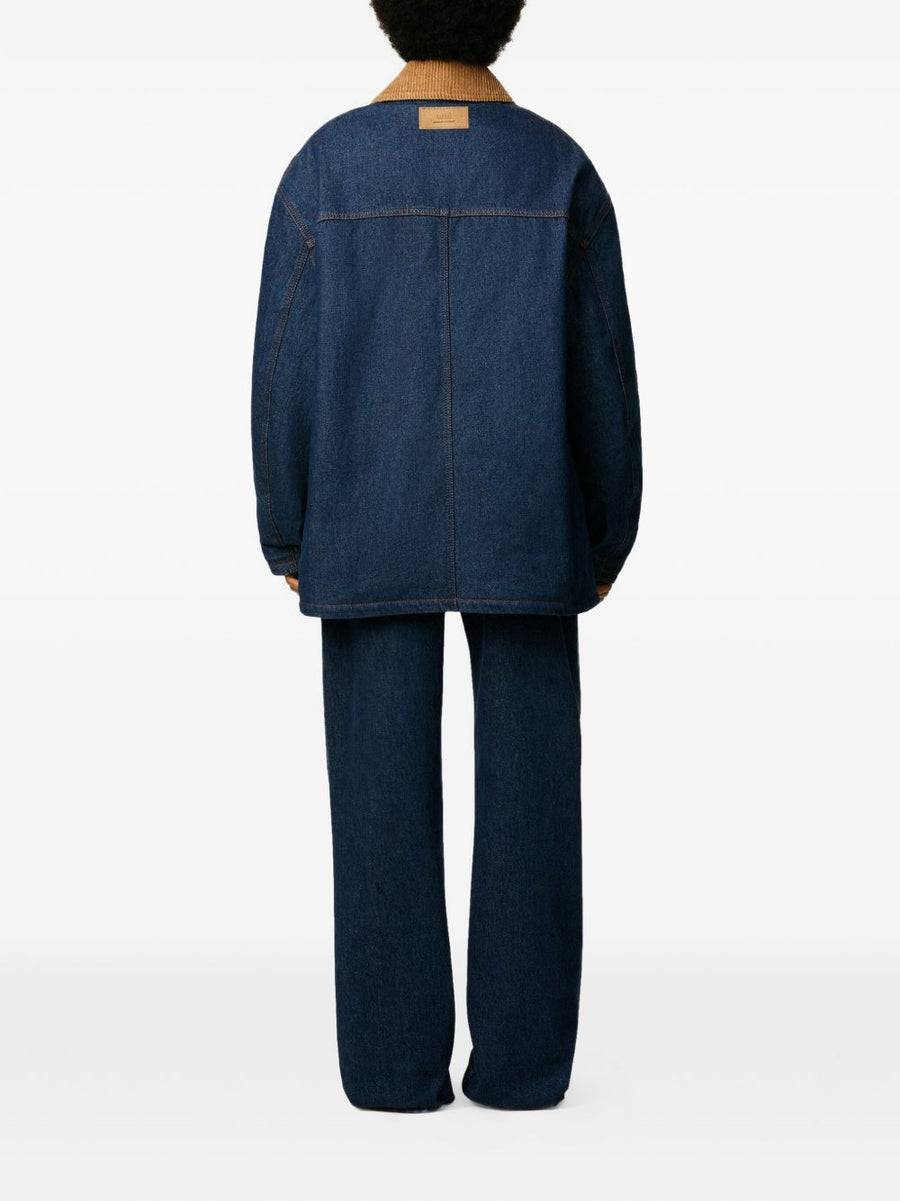 Ami Paris Worker Denim Jacket For Men Navy Body With Corduroy Collar Versatile Everyday Workwear