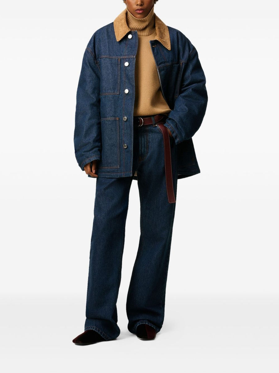 Ami Paris Worker Denim Jacket For Men Navy Body With Corduroy Collar Versatile Everyday Workwear