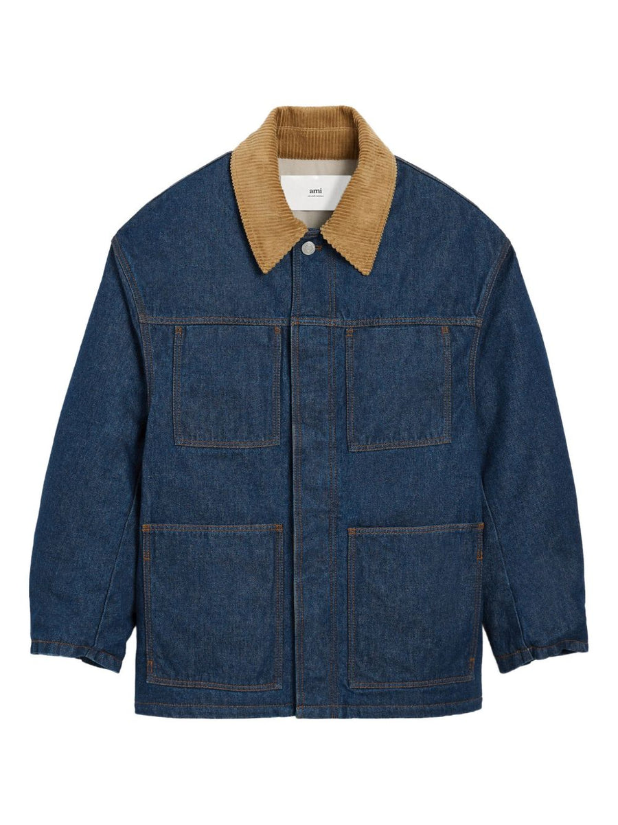 Ami Paris Worker Denim Jacket For Men Navy Body With Corduroy Collar Versatile Everyday Workwear