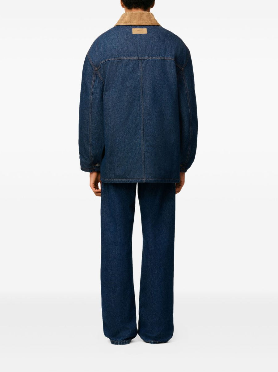 Ami Paris Worker Denim Jacket For Men Navy Body With Corduroy Collar Versatile Everyday Workwear