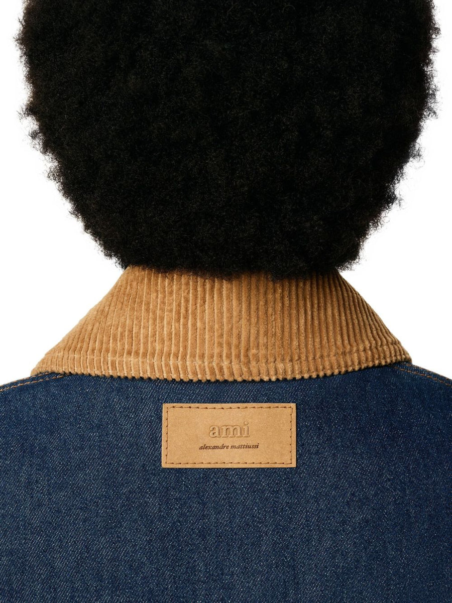 Ami Paris Worker Denim Jacket For Men Navy Body With Corduroy Collar Versatile Everyday Workwear