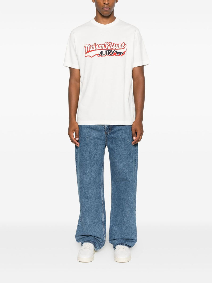 Autry X Maison Kitsune Logo Cotton T Shirt For Men With Premium Applique Detail Craft