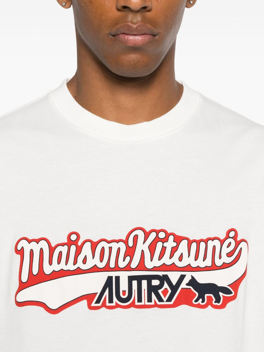 Autry X Maison Kitsune Logo Cotton T Shirt For Men With Premium Applique Detail Craft