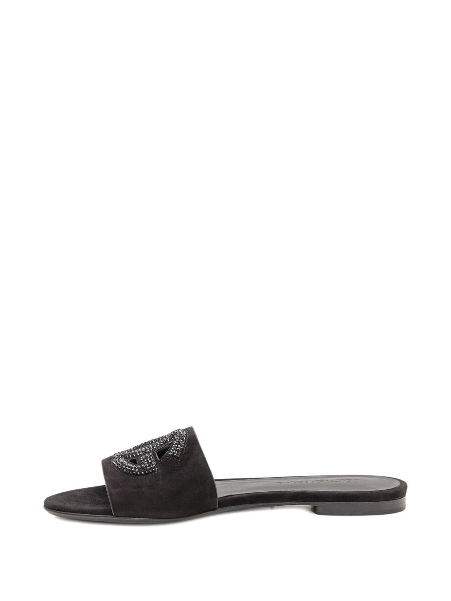 Dolce And Gabbana Capra Leather Sandals For Women With Crystal DG Logo, Open Toe, Flat Sole