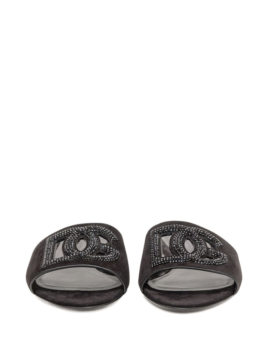 Dolce And Gabbana Capra Leather Sandals For Women With Crystal DG Logo, Open Toe, Flat Sole