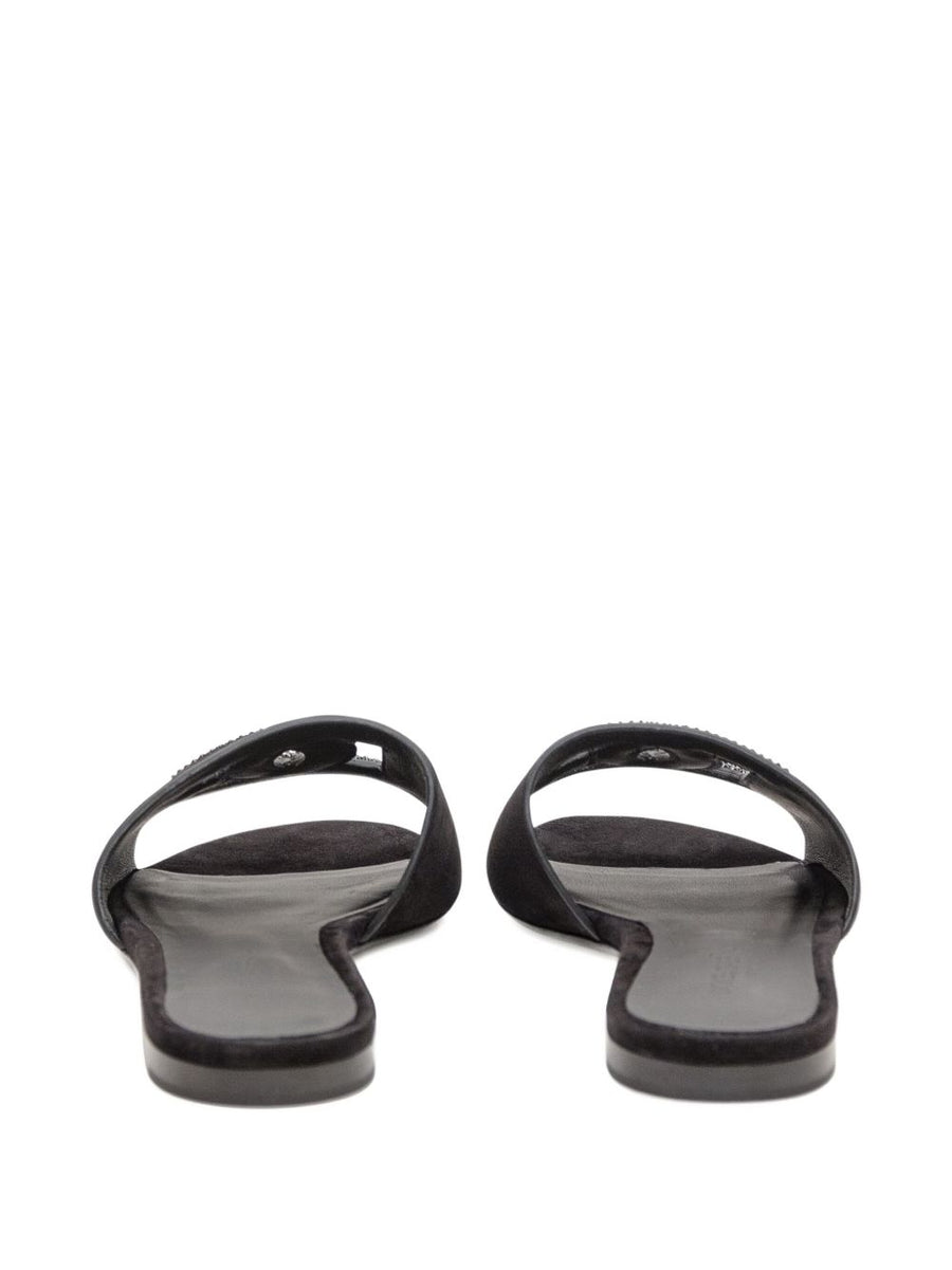 Dolce And Gabbana Capra Leather Sandals For Women With Crystal DG Logo, Open Toe, Flat Sole