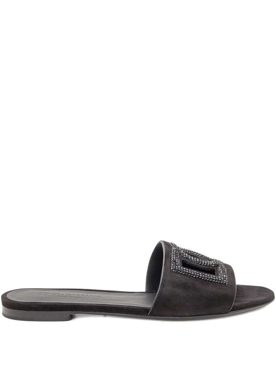 Dolce And Gabbana Capra Leather Sandals For Women With Crystal DG Logo, Open Toe, Flat Sole