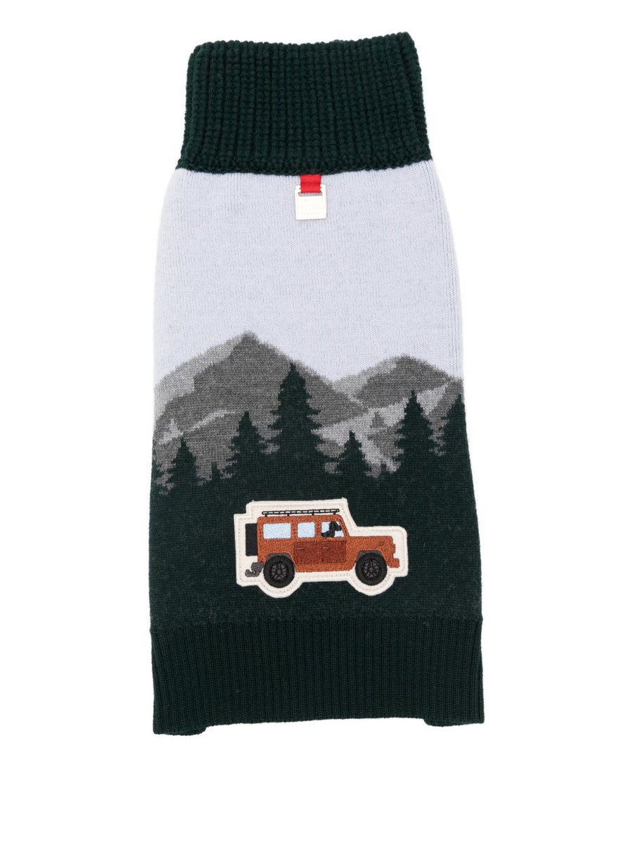 Merino Wool Dog Vest Sweater Sleeveless With Mountain Motif Applique Navy Poldo Dog Couture For Luxury Dogs