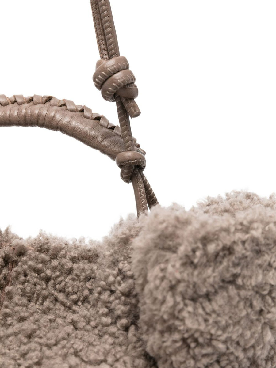 Hereu Arta Mini Curly Grey Shearling Shopper Luxury Bag With Braided Top Handle For Women