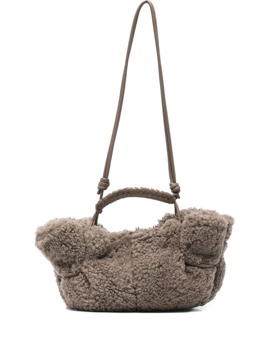 Hereu Arta Mini Curly Grey Shearling Shopper Luxury Bag With Braided Top Handle For Women