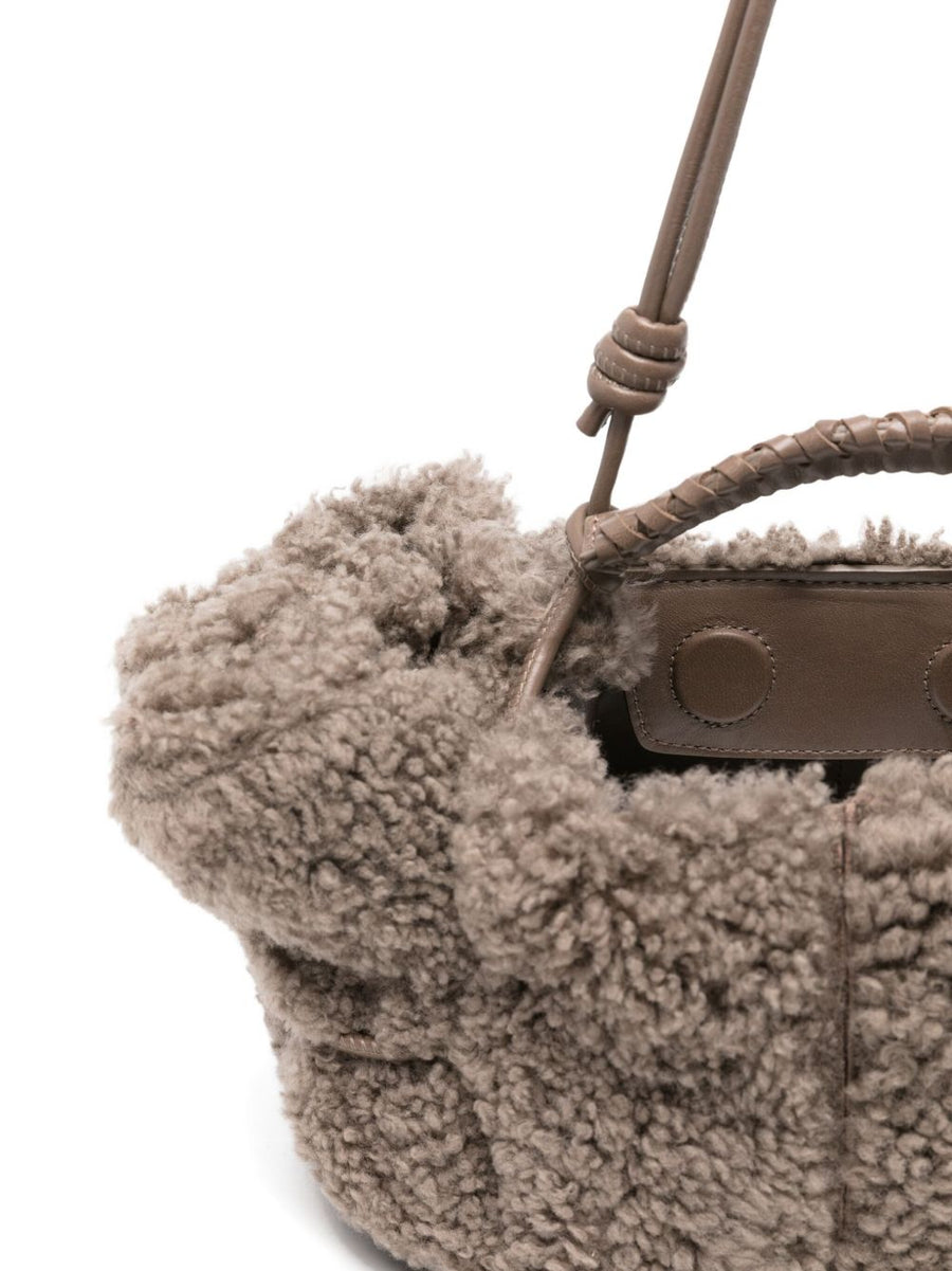 Hereu Arta Mini Curly Grey Shearling Shopper Luxury Bag With Braided Top Handle For Women
