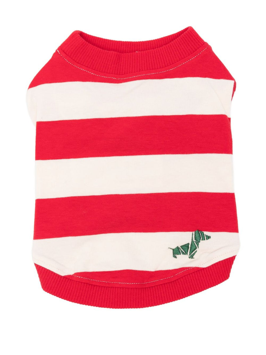 Poldo Dog Couture Calypso Red Cotton T Shirt For Dogs With Embroidered Striped Detail