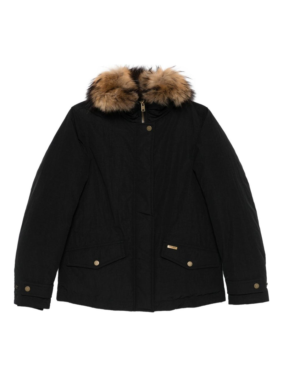 Women Woolrich Short Down Jacket Black With Front Zip And Flap Pockets Urban Lightweight Warmth