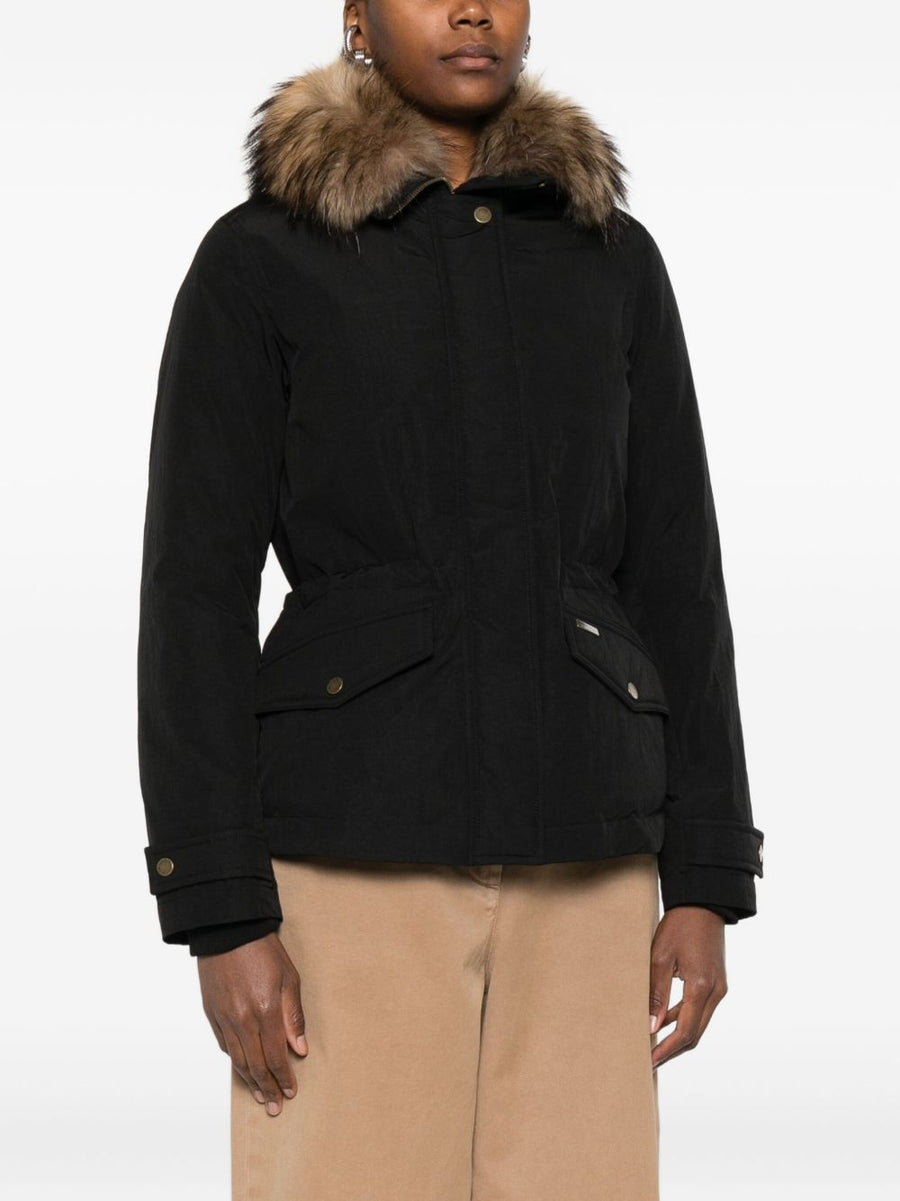 Women Woolrich Short Down Jacket Black With Front Zip And Flap Pockets Urban Lightweight Warmth