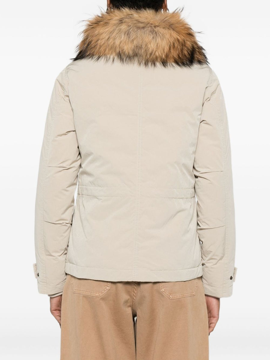 Woolrich Short Down Jacket For Women With Beige Fur Trim Compact Silhouette Warmth