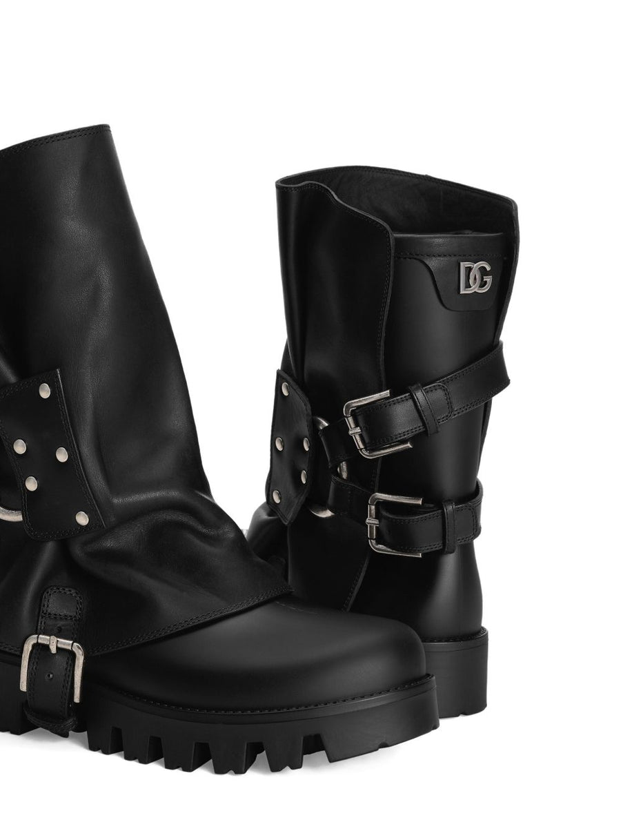 Dolce and Gabbana Biker Ankle Boots with Buckles for Women Bold Luxurious Leather Lug Sole